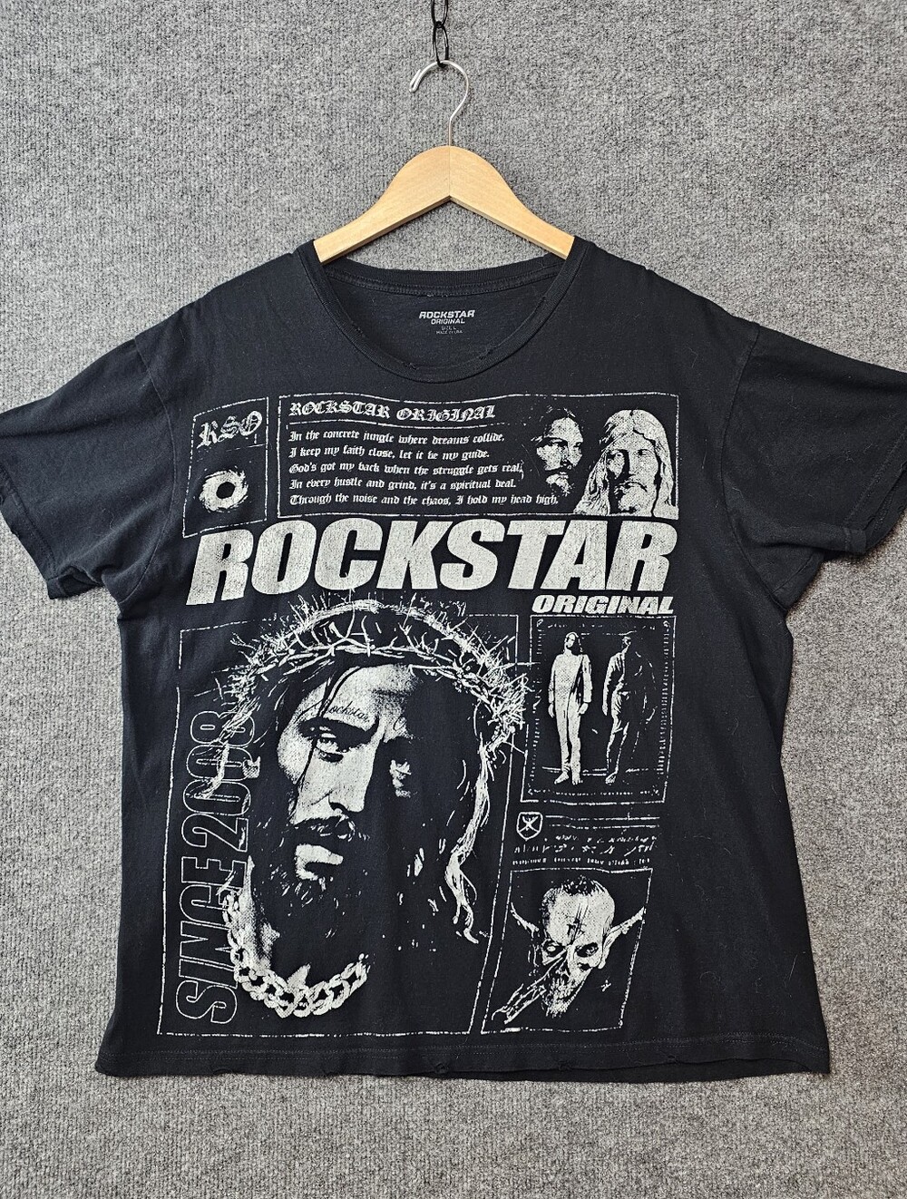 ROCKSTAR ORIGINAL Grunge Graphic Tee | Distressed Black Graphic T-Shirt- Large